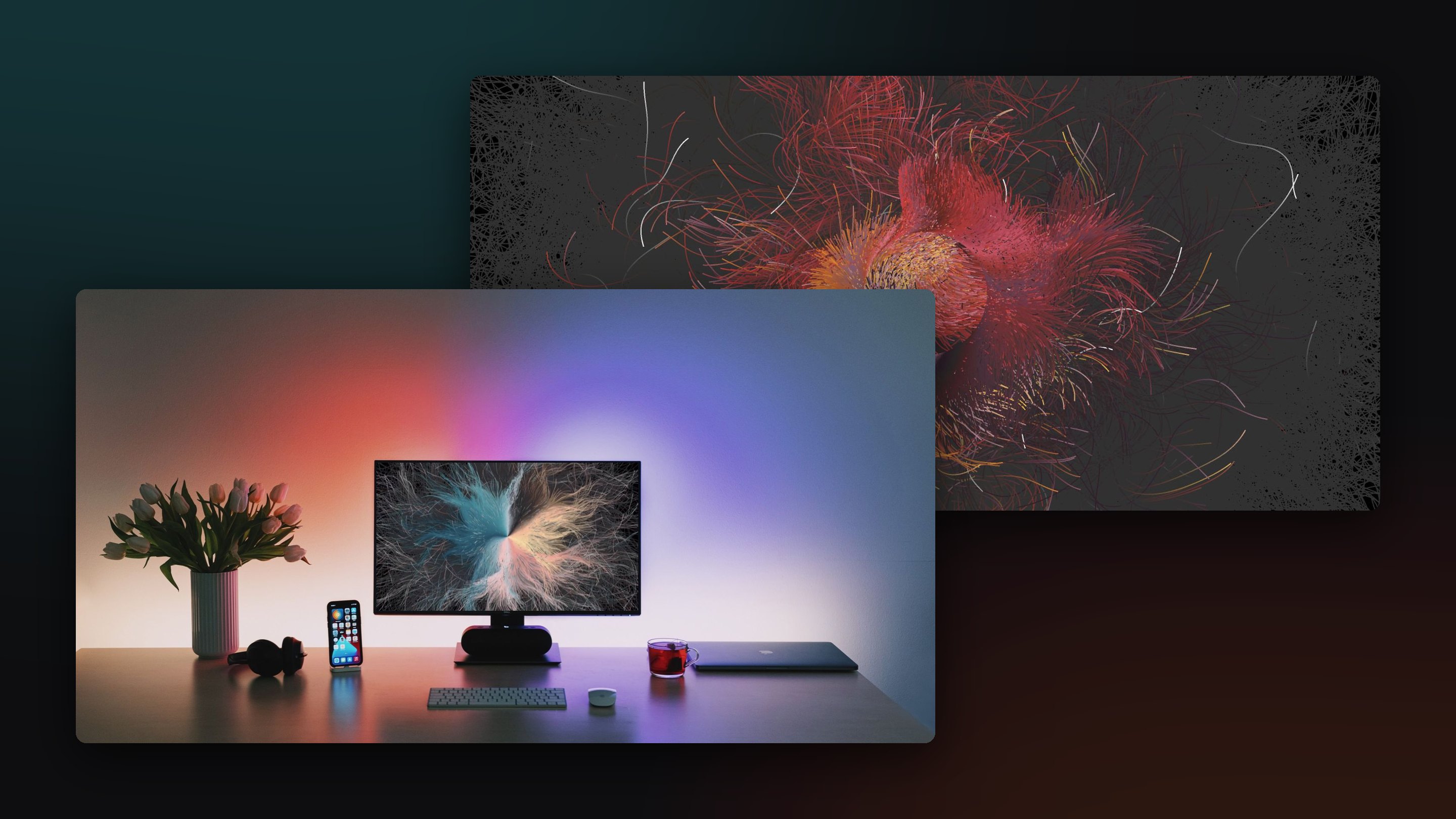 EōN — the desktop setup in front of a generative frame