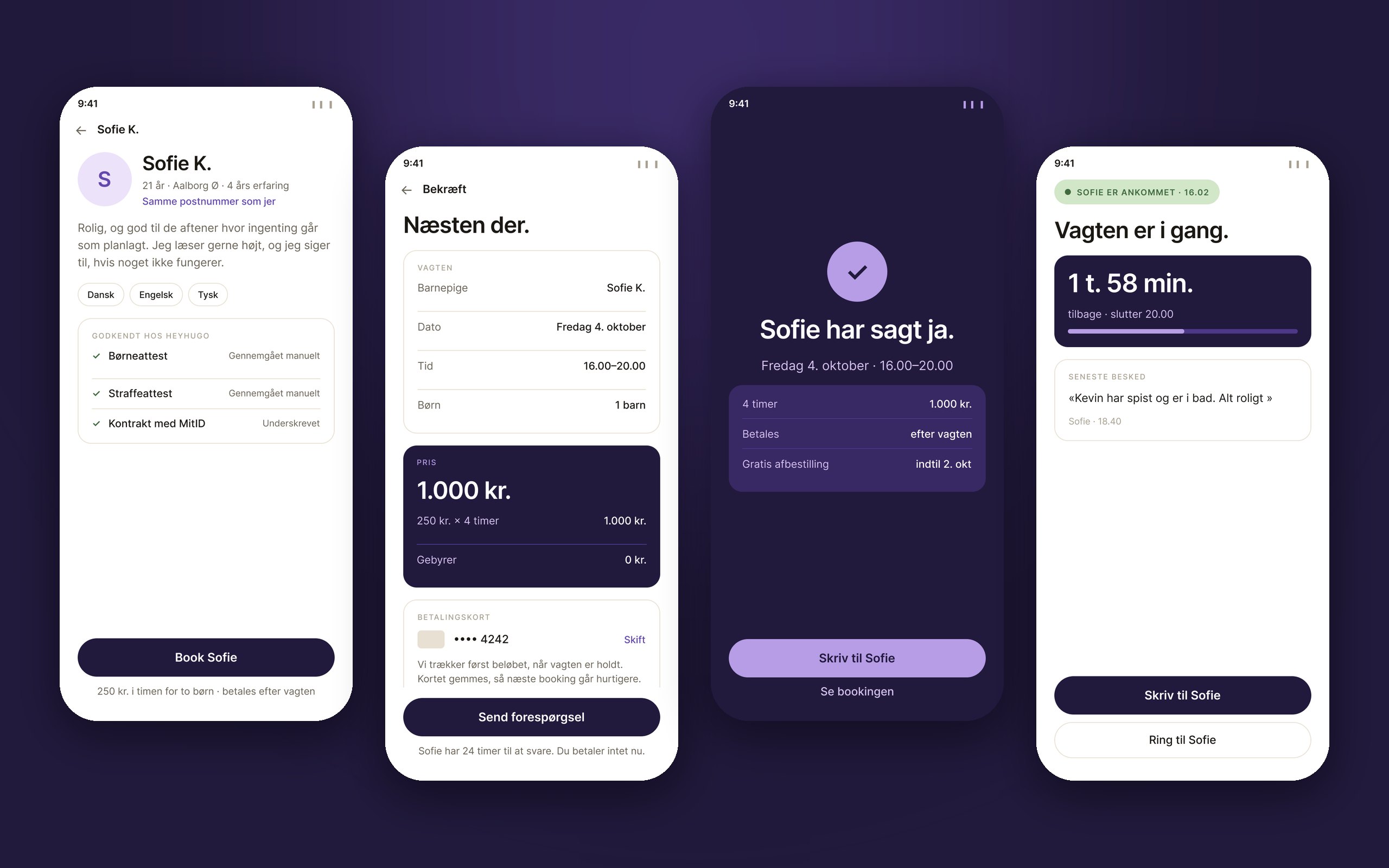 Booking flow — babysitter profile, confirm and pay, accepted, and the shift in progress