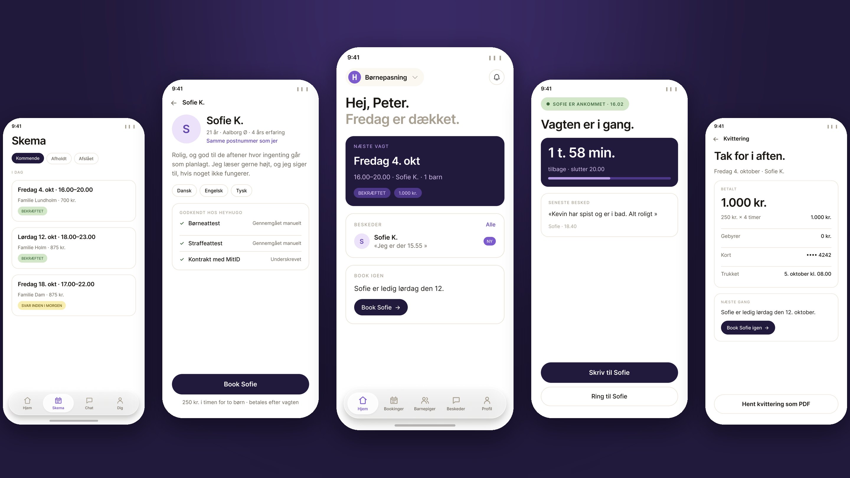 HeyHugo app — schedule, babysitter profile, home, live shift and receipt screens
