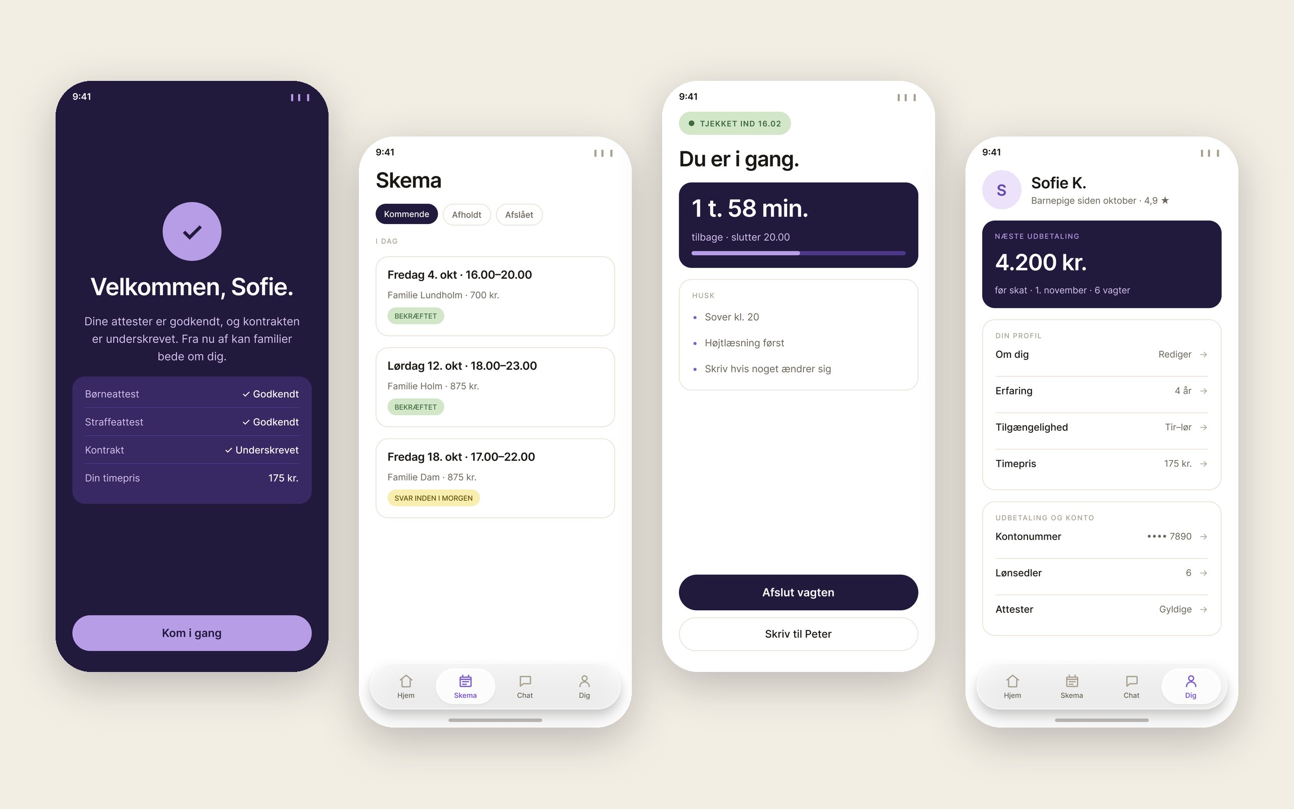Babysitter app — approved, schedule, checked in, and earnings profile