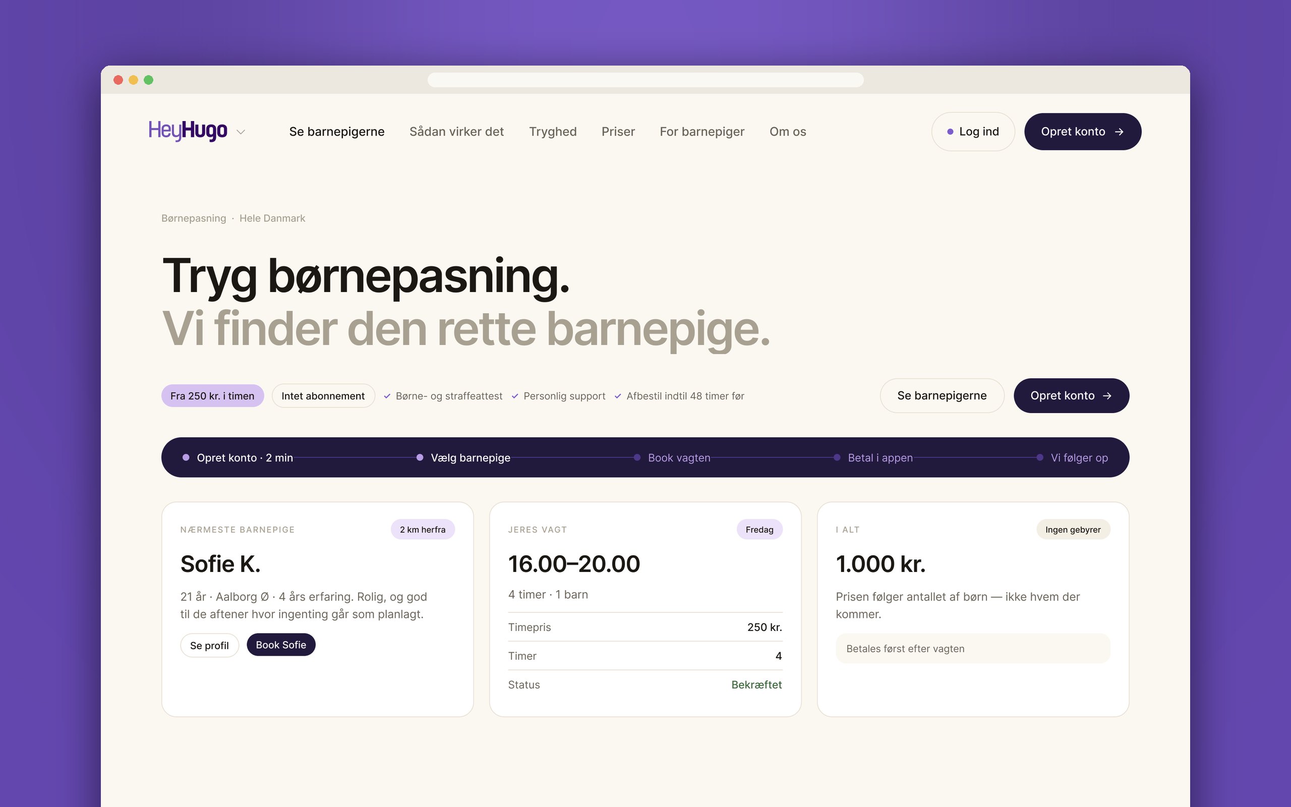 HeyHugo website — “Tryg børnepasning” hero with the booking journey and a sample booking