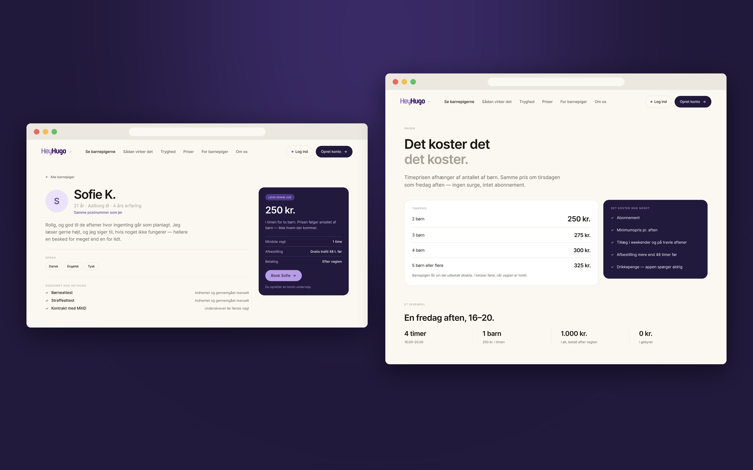 Website — babysitter profile and transparent pricing pages
