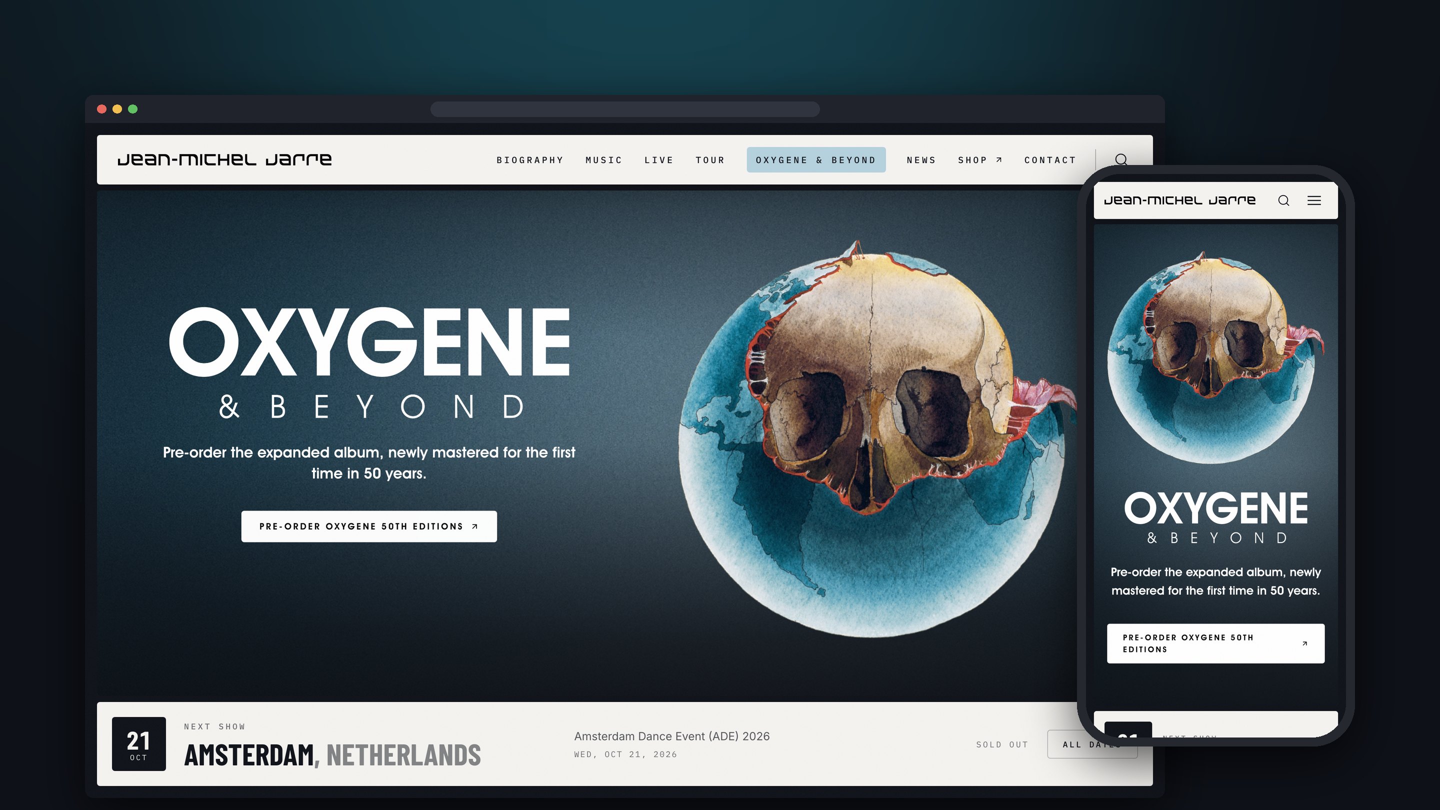 jeanmicheljarre.com — the Oxygene & Beyond homepage on desktop and mobile