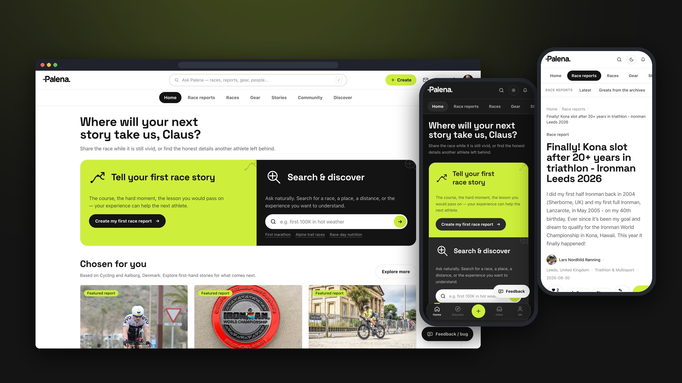 Palena — the dashboard on desktop, with the dark dashboard and a race report on mobile