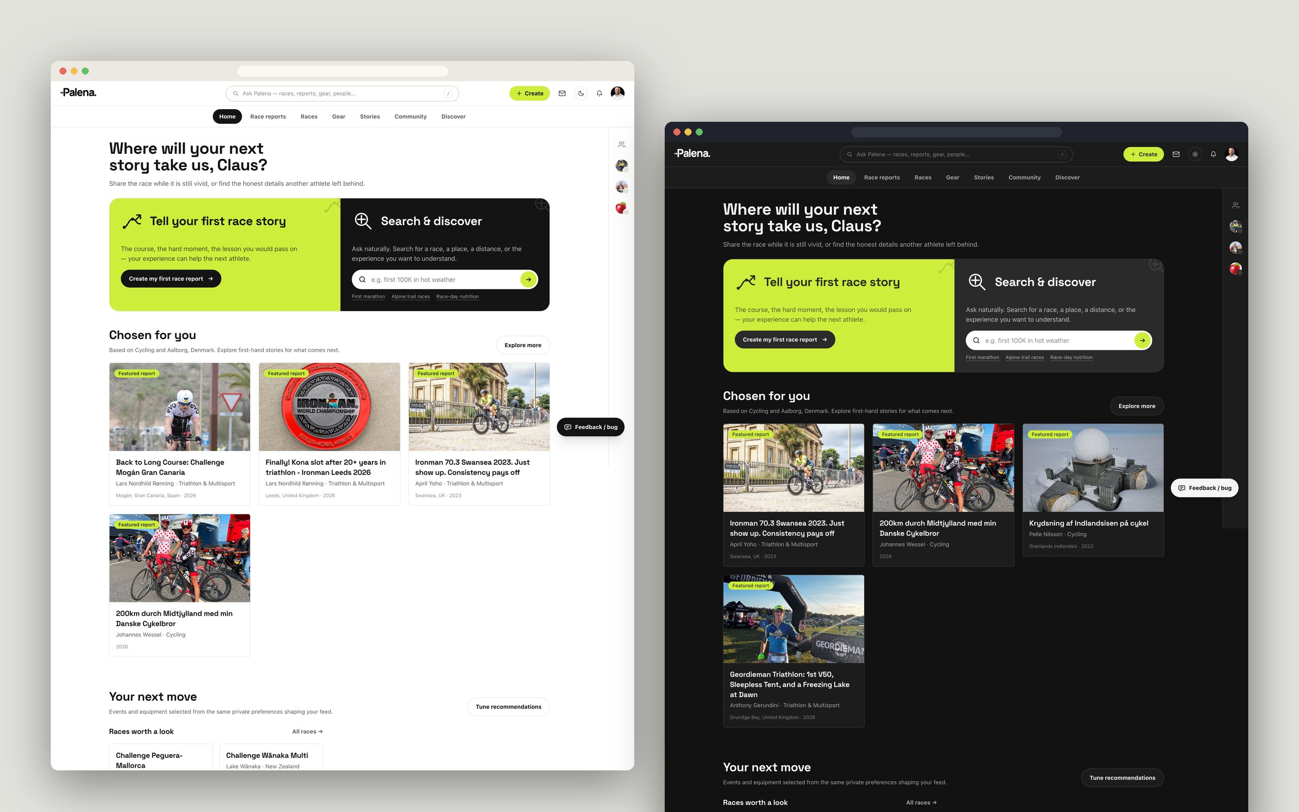 The dashboard in light and dark mode