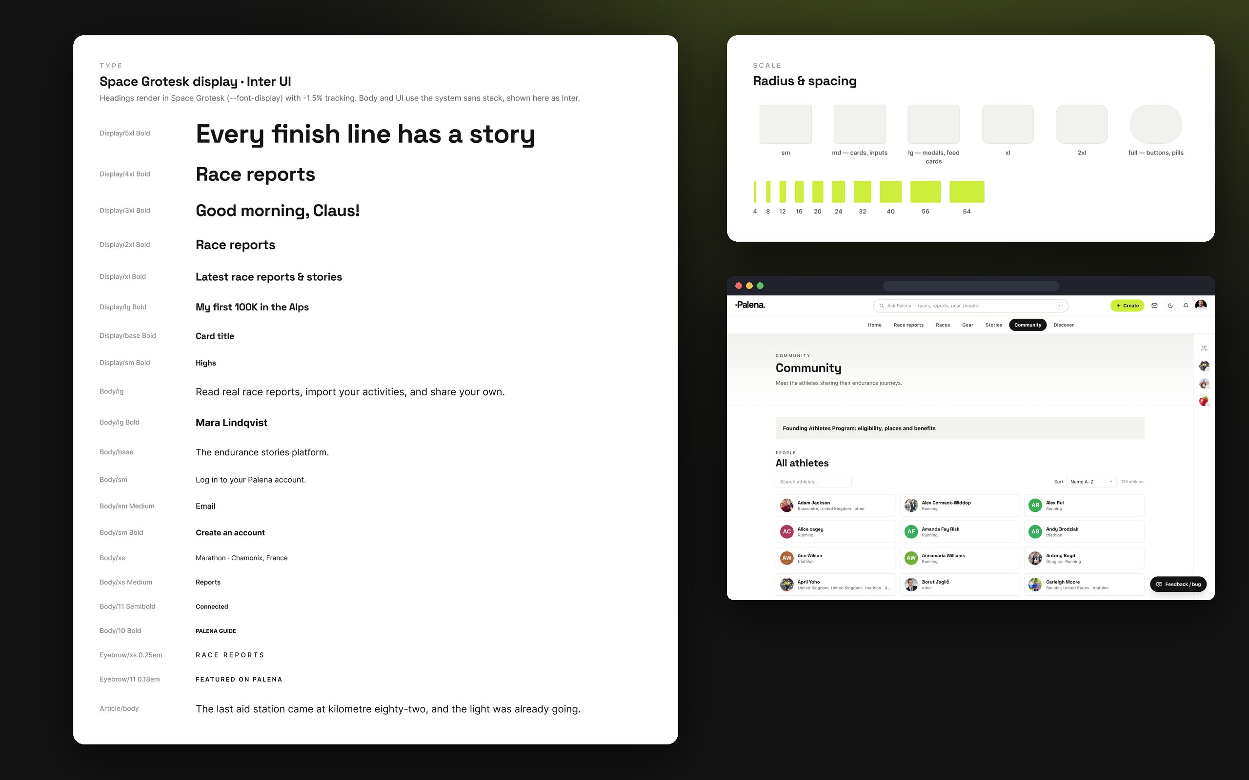 Type ramp, radius and spacing scale, and the community page built from them