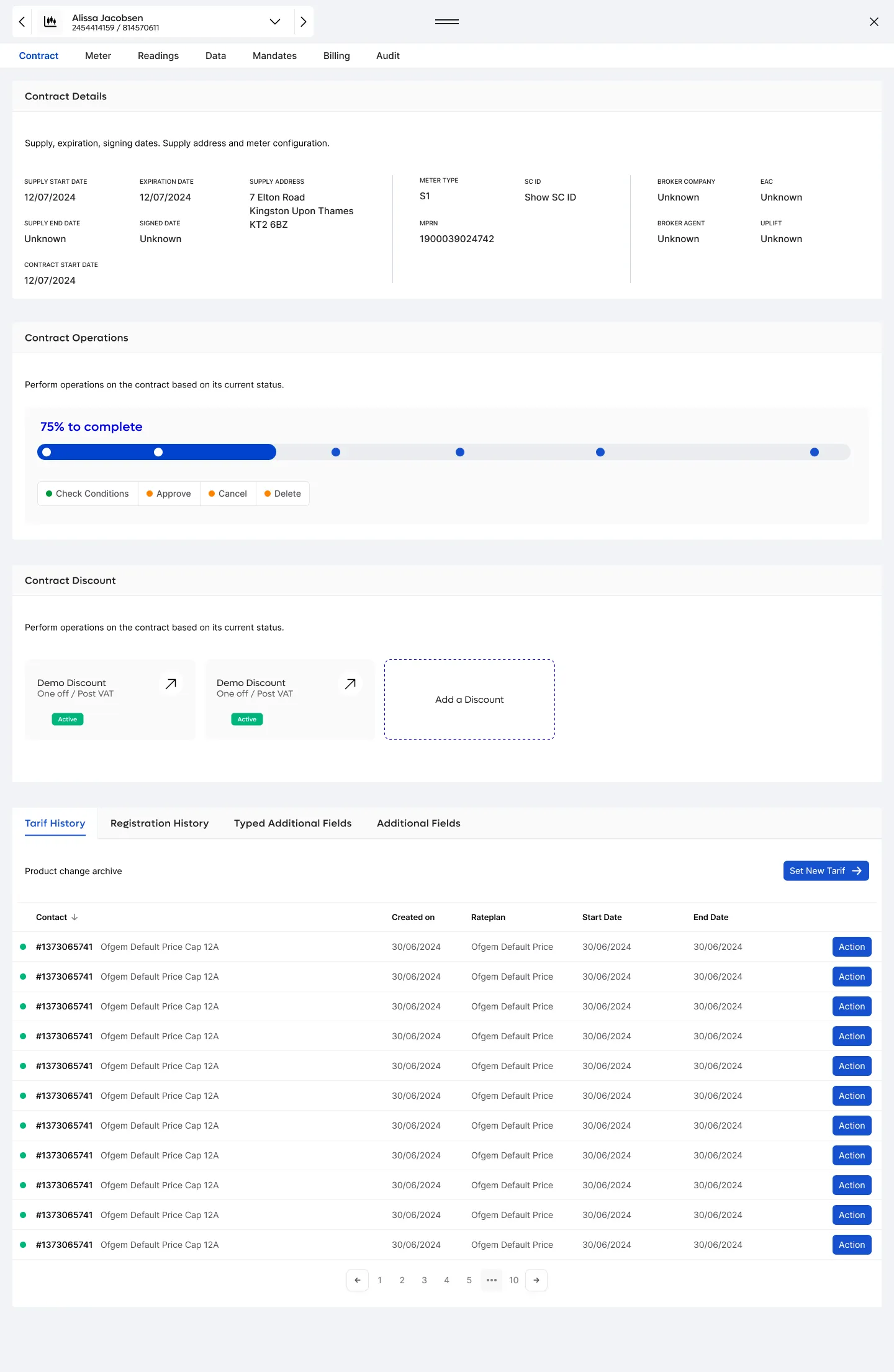 Contract overview and tariff history