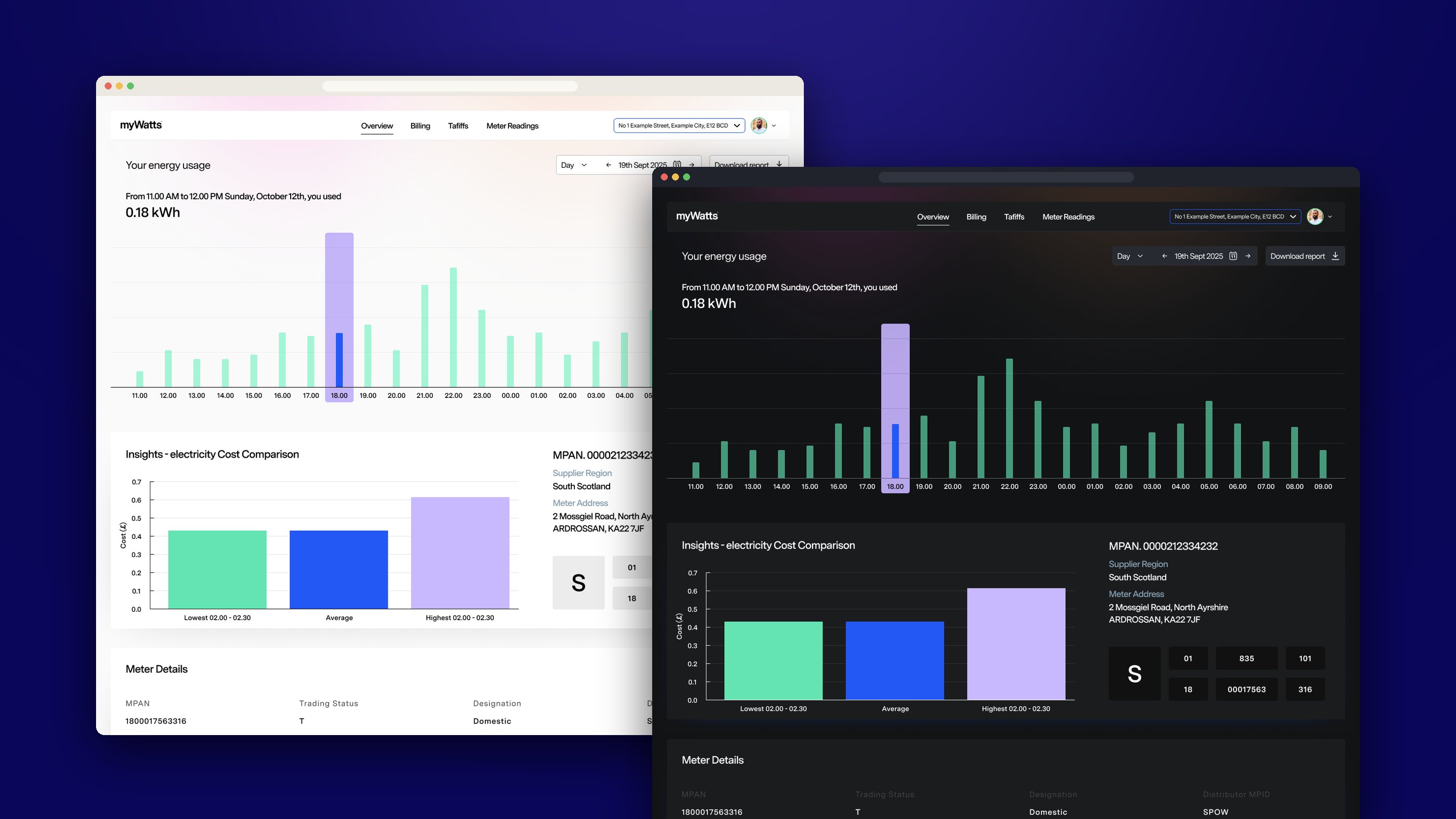 The myWatts customer app in light and dark mode